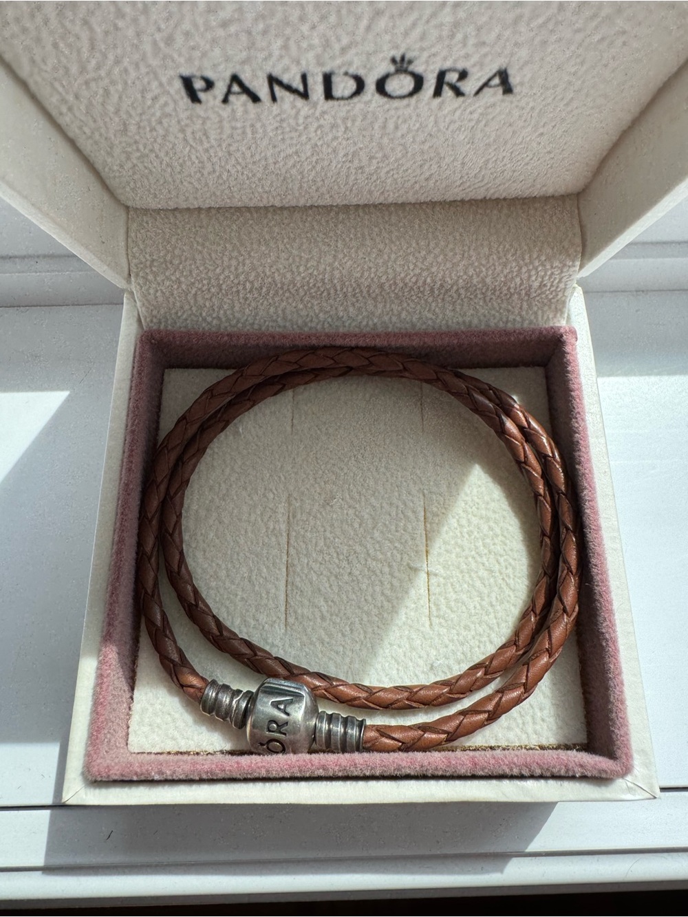Pandora Brown Braided Double-Wrap Leather Bracelet with Silver Clasp